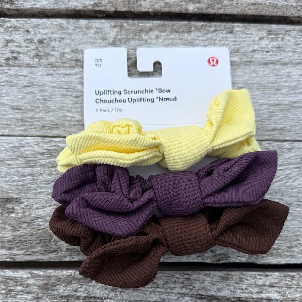 Lululemon Uplifting Bow Scrunchie 3 Pack Washed Yellow Java Grape Thistle NWT